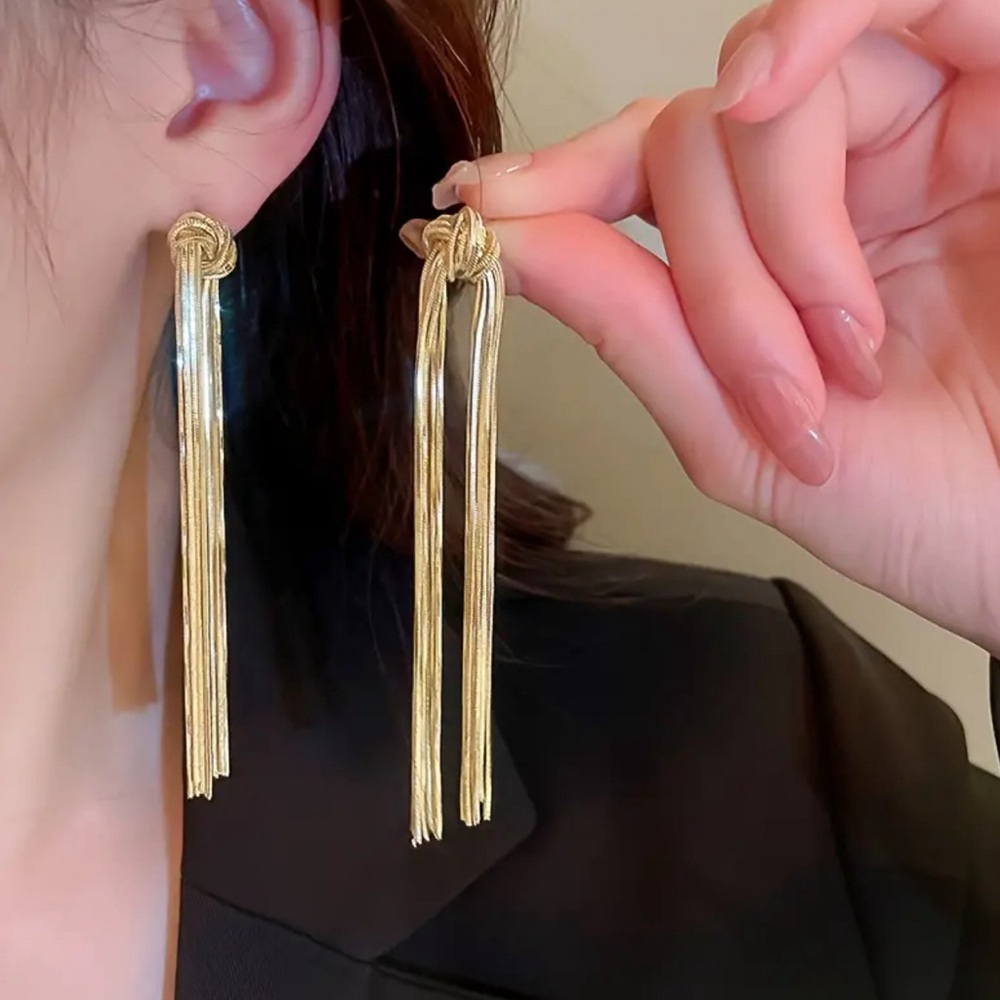 Silver Knotted Long Tassel Statement Earring - image 2